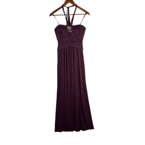 BCBGMAXAZRIA Women’s Size 0 Plum Halter Evening Gown Beaded Formal Dress - Picture 2 of 10